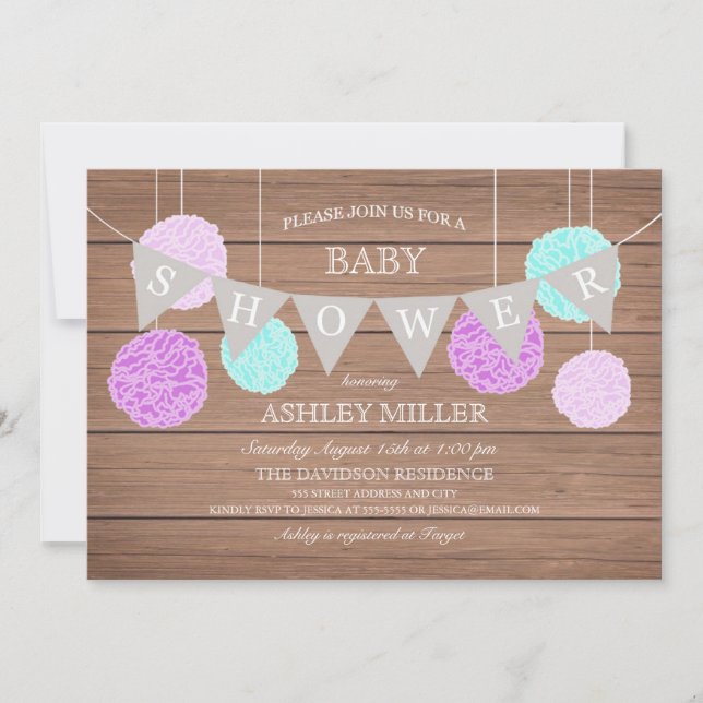 Drapeaux pourpres n Fluffs - Invitation Baby showe (Devant)