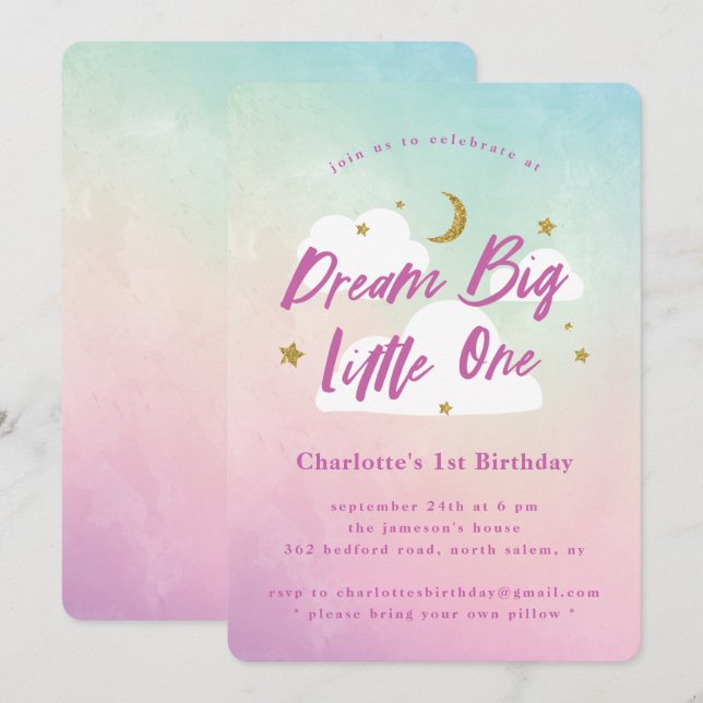 Dream Big Little One 1st Birthday Invitation (Devant / Derrière)
