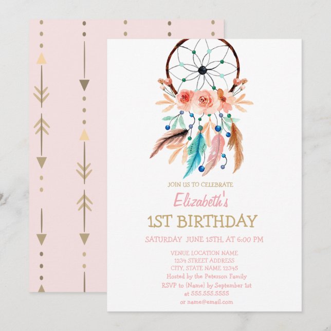 Dream Catcher, Invitation d'anniversaire de Boho (Devant / Derrière)