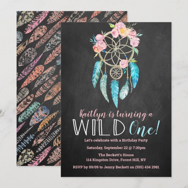 Dreamcatcher Wild One 1st Birthday Invitations (Devant / Derrière)