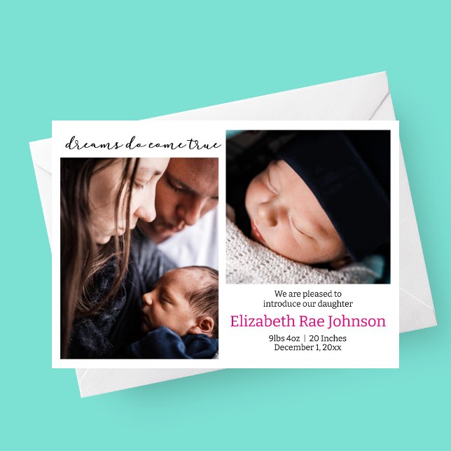 Dreams Come True Photo Baby Faire-part de naissanc (Dreams Do Come True Photo Birth Announcement Card with Two Photos)