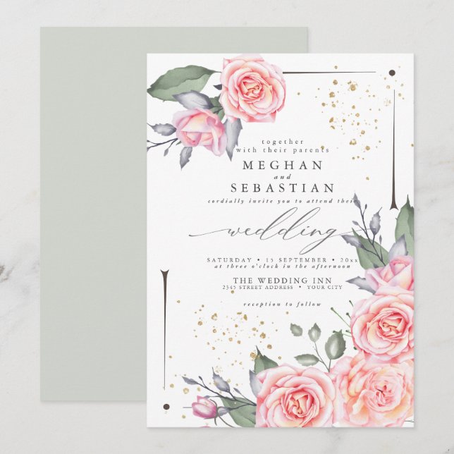 Dreamy Mariage Aquarelle verte Invitation (Devant / Derrière)