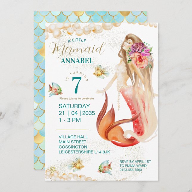 Dreamy Mermaid Invitation de fête d'anniversaire (Devant / Derrière)