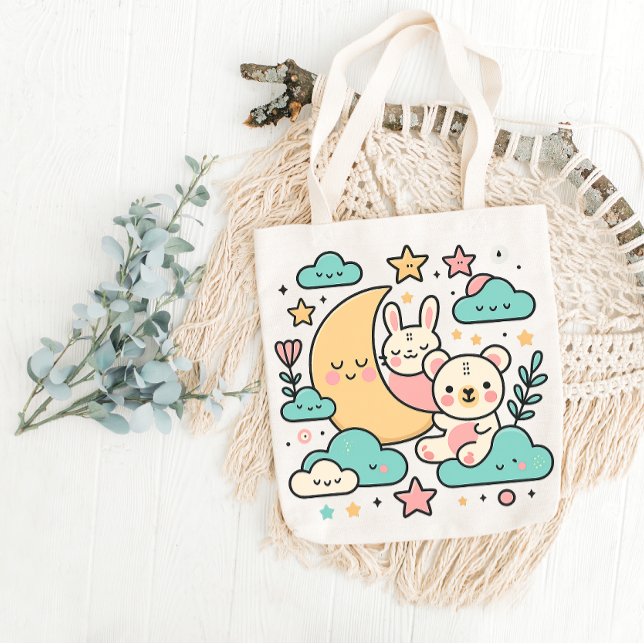 Dreamy Moon Bunny and Bear Tote Bag (Créateur téléchargé)