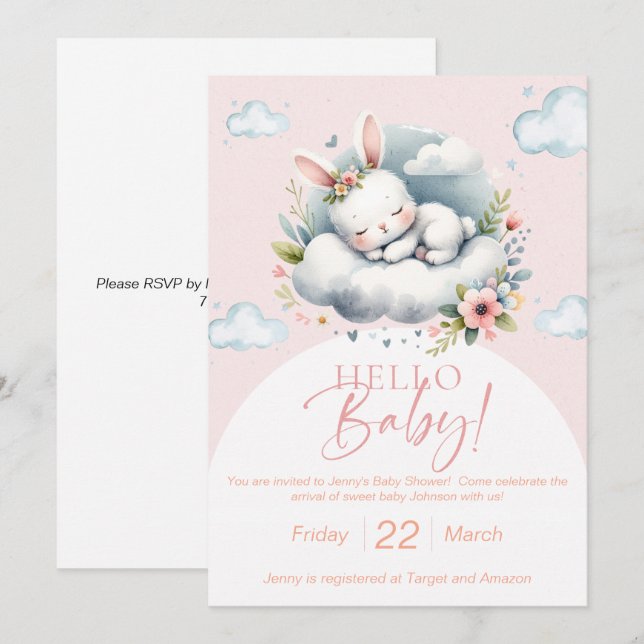 Dreamy watercolor bunny baby shower invitation (Devant / Derrière)