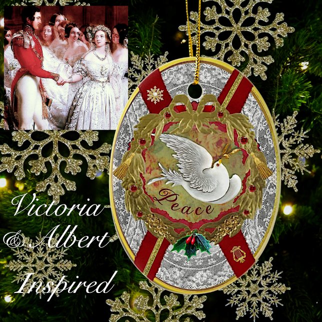 Dresde Ornement Colombe de la Paix 'Normandie' (White lace & royal red accented with gold, inspired by the wedding of Queen Victoria & Prince Albert)