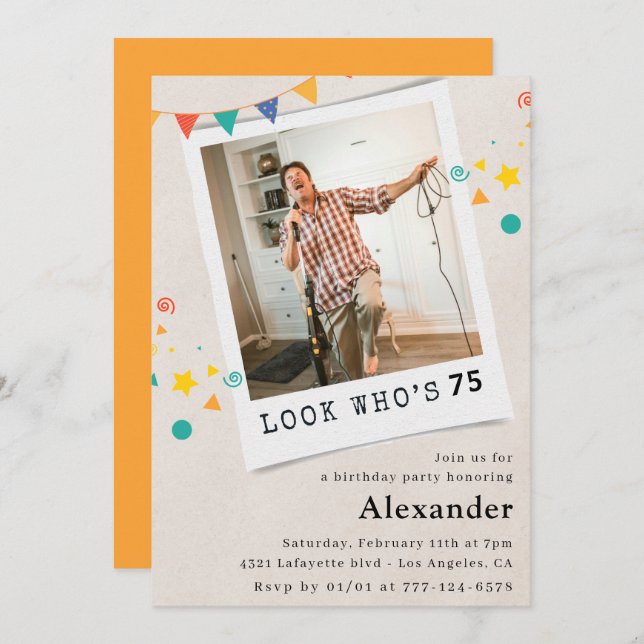 Drôle 75e anniversaire invitations Hommes Fun Phot (Devant / Derrière)