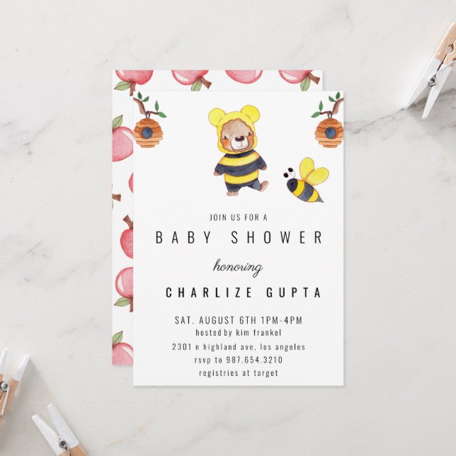 drôle Baby shower Teddy Bear Honey Bee Invitation (Devant/Arrière en situation)