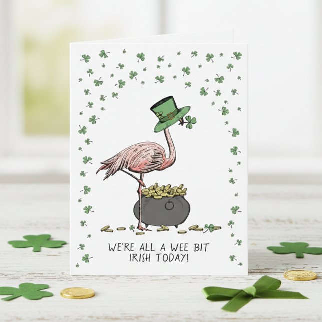 Drôle Carte de la Saint-Patrick un peu Irlandaise (Funny Irish St Patrick's Day Greeting Cards. Lucky Green Shamrocks Flamingo Leprechaun Hat Gold Coin)