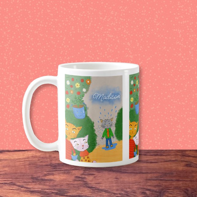 Drôle Cartoon Cats Café Mug avec nom (Whimsical cartoon cats mug with name . )