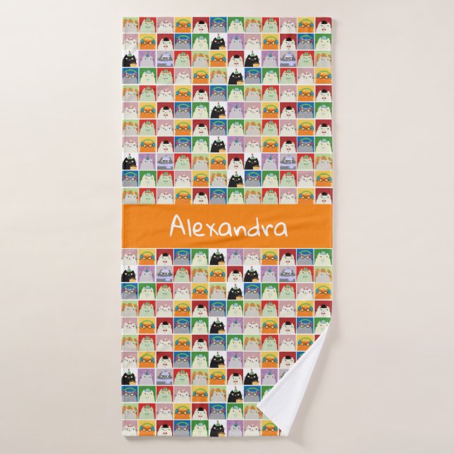 Drôle Cartoon Collage Chats Moderne Orange Monogra (Serviette de bain)