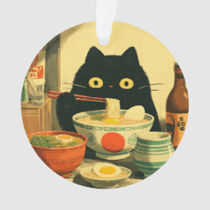 Drôle chat noir manger Ramen