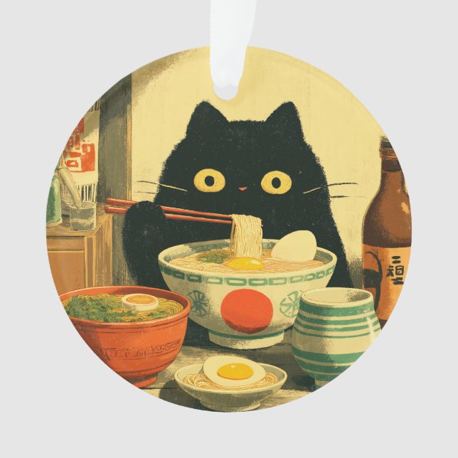 Drôle chat noir manger Ramen (devant)