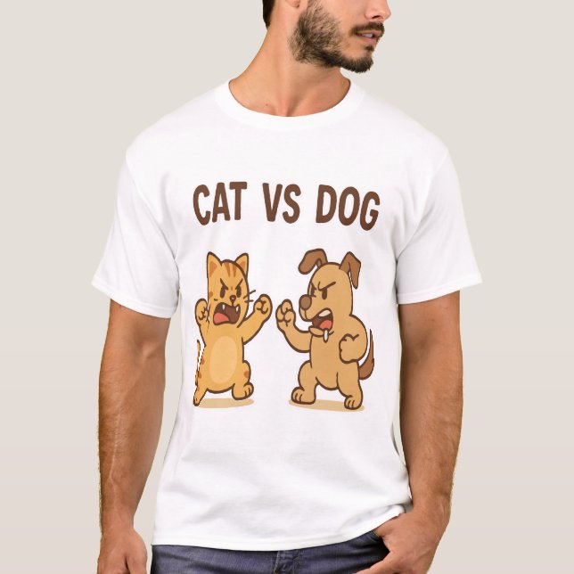 Drôle Chat vs Chien Cartoon Combat T-Shirt Mette A (Devant)