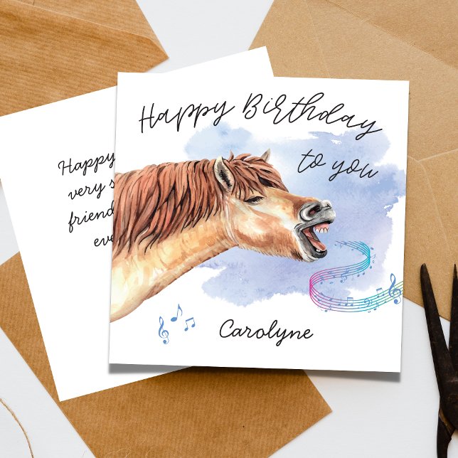 Drôle Cheval chantant Bonne Carte d'Anniversaire a (Funny Horse singing Happy Birthday, Card with Name)