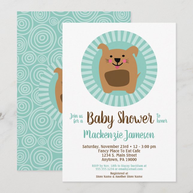 Drôle Chien Chiot Neutral Baby shower Invitation (Devant / Derrière)