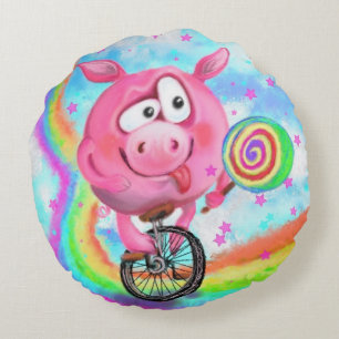 Drôle Coussin rond Circus Acrobat Pig Cyclist