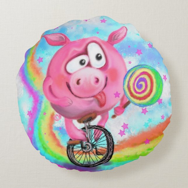 Drôle Coussin rond Circus Acrobat Pig Cyclist (Dos)