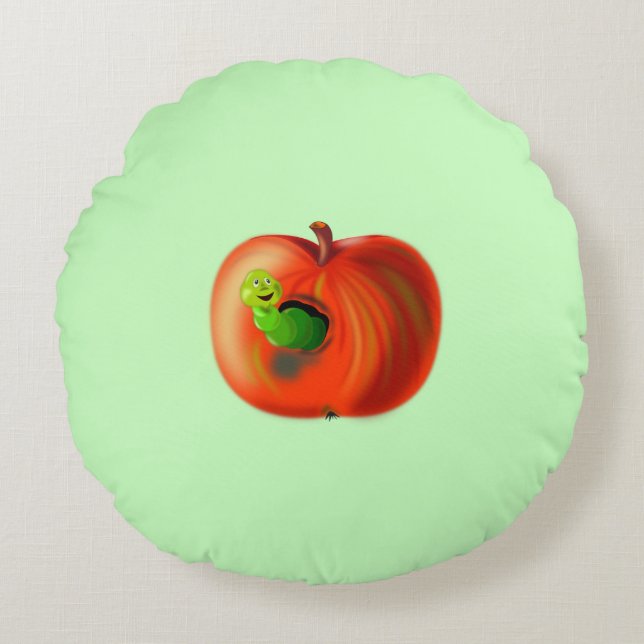 Drôle Coussin rond Happy Worm dans Apple (Devant)