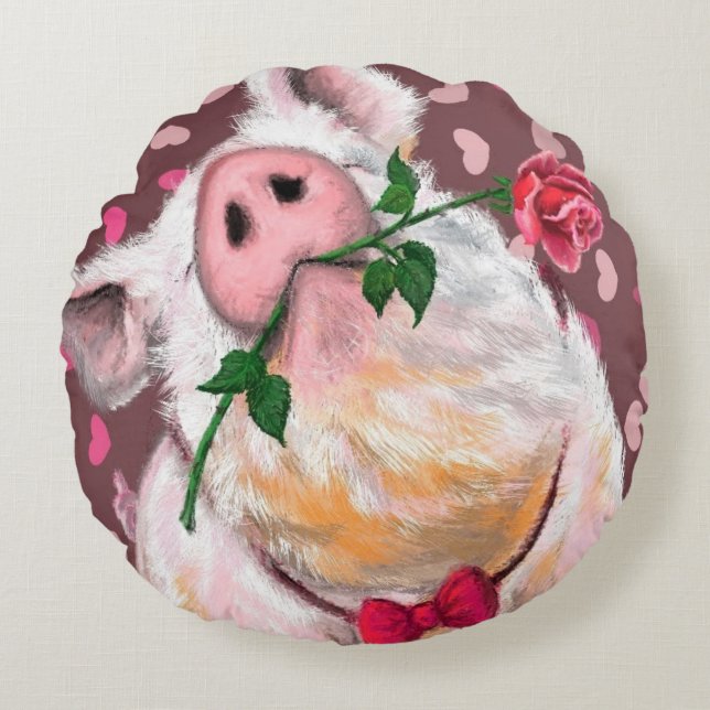 Drôle Coussin rond, porc avec Rose (Devant)