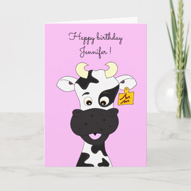 Drôle dessin de vache rose carte d'anniversaire (Devant)