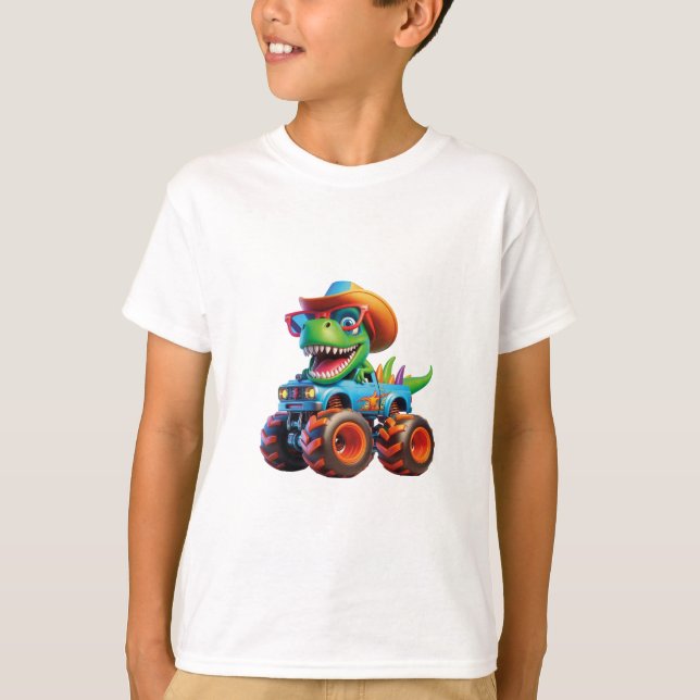 Drôle Dinosaure T Rex Sur Monster Truck T-Shirt (Devant)