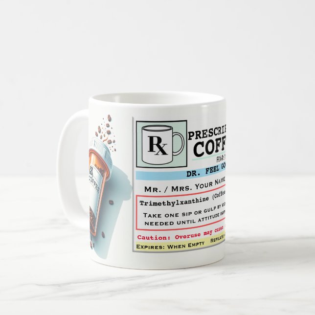 Drôle Étiquette de prescription RX café Mug (Devant gauche)