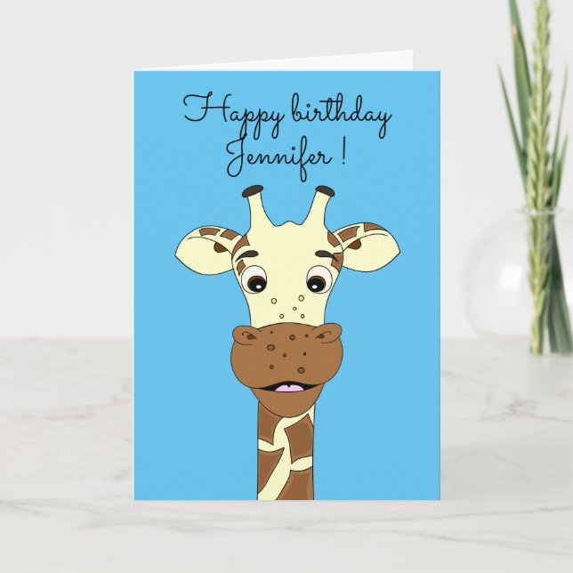 Drôle girafe dessin animé carte bleue anniversaire (Devant)