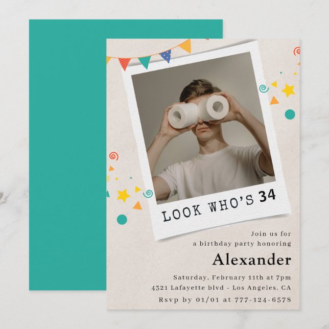 Drôle Hommes 34e anniversaire invitations Fun Phot (Devant / Derrière)