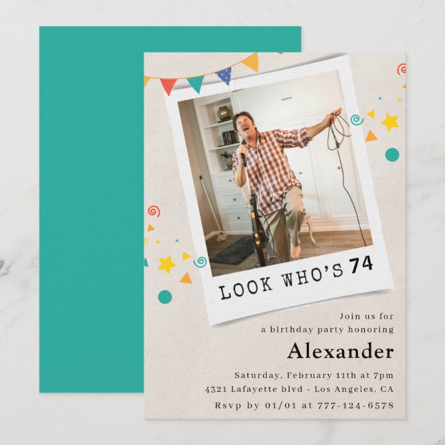 Drôle Hommes 74e anniversaire invitations Fun Phot (Devant / Derrière)