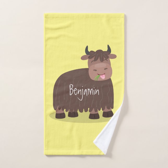 Drôle joyeux yak mangeant de l'herbe dessin d'illu (Serviette à main)
