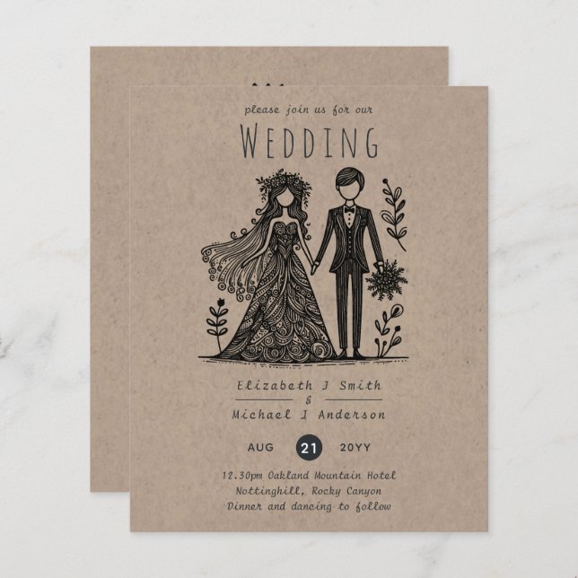 Drôle Mariage Cartoon Bride Groom dessiné main (Devant / Derrière)