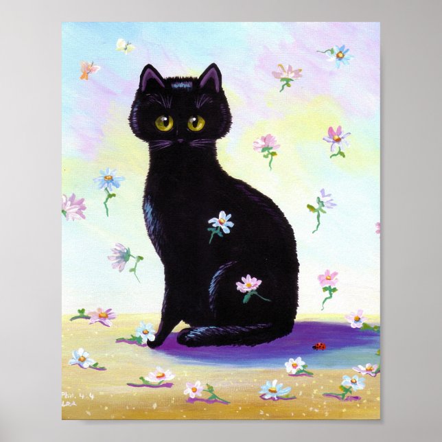 Drôle mignon chat noir Poster Marguerites Création (Devant)