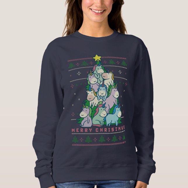 Drôle moche Sweat de Noël mignon Unicorn Arbre (Devant)