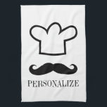 Drôle moustache noire serviette de cuisine pour ch<br><div class="desc">Drôle moustache noire serviette de cuisine pour chef masculin. Cuisine personnalisée mignonne / grillades / barbecue idée cadeau pour chef cuisinier papa, père, mari, grand-père, oncle, fils etc. Joli guidon moustache design avec le casquette du cuisinier. Personnalisez avec le nom ou la citation comme BBQ King ou Grill Master. Une...</div>