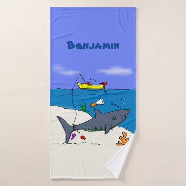 Drôle requin couché et dessin animé de pêche (Serviette de bain)
