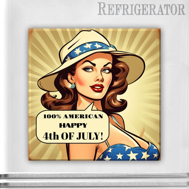 Drôle Retro Cartoon Pin-up 4 juillet Magnet (4th of July magnet featuring a funny retro cartoon illustration of a pin-up girl with cowboy hat)