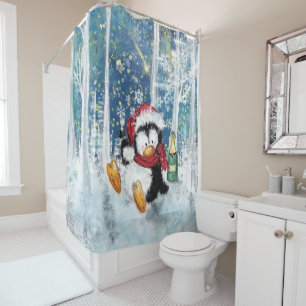 Drôle rideau de douche de Noël Happy Penguin