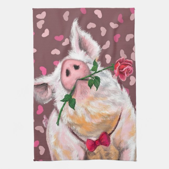 Drôle serviette de cuisine Gentleman Pig avec Rose (Vertical)