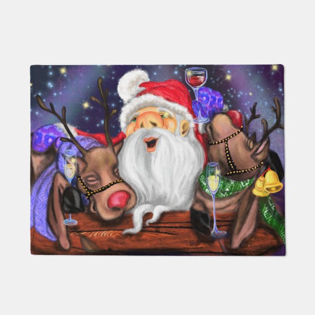 Drôle tapis de Noël Père Noël avec rennes (Devant)