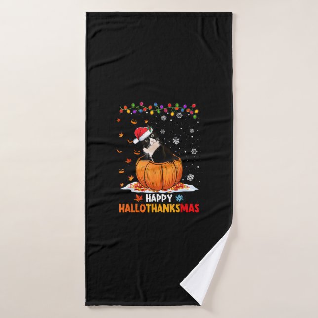 Drôle Tuxedo Chat sur Citrouille Hallothanksmas Ha (Serviette de bain)