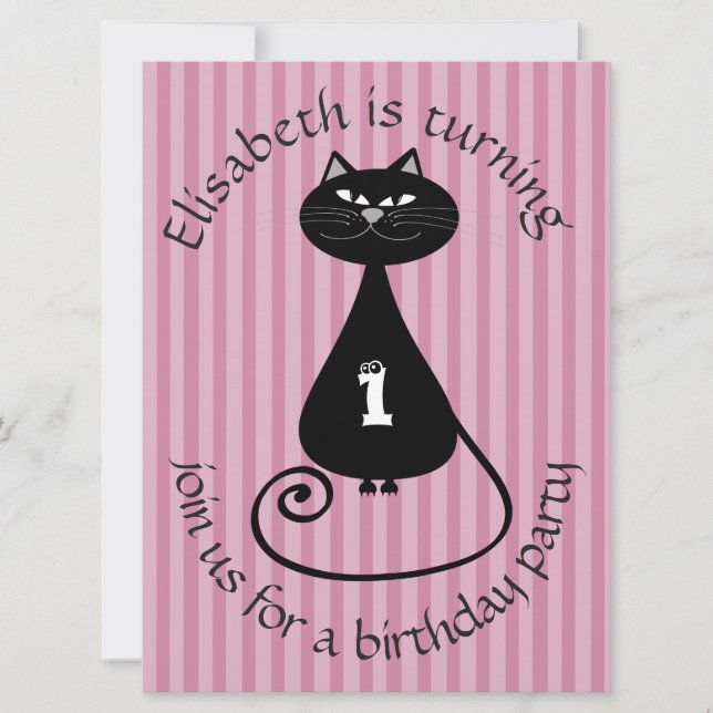 Drôle whimsical chat noir invitation d'anniversair (Devant)