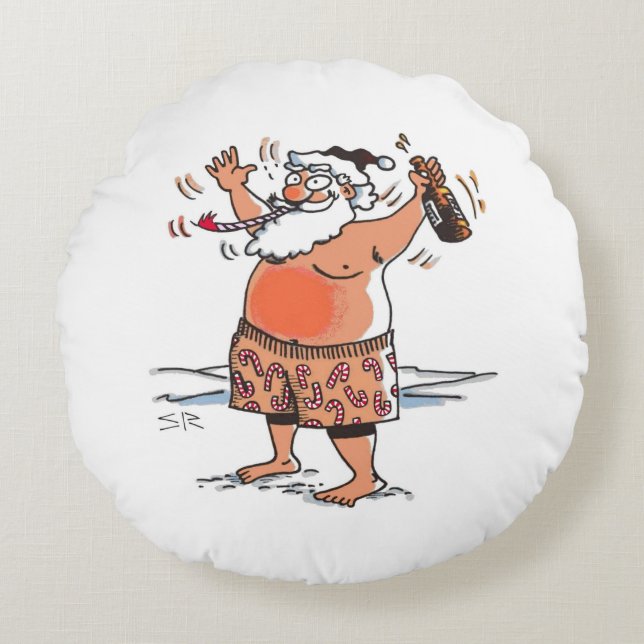 Drunk Père Noël rond coussin de poly rouge (Devant)