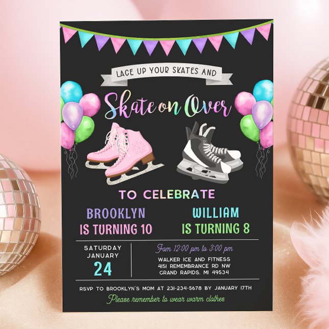 Dual Ice Skating Birthday Invitation (Ice Skating Birthday Invitation - Double Birthday Party)