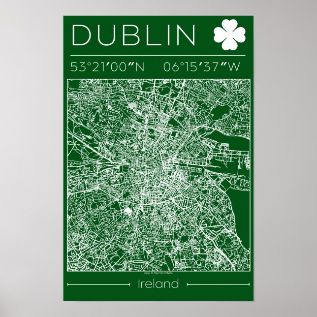 Dublin Green Map Poster Minimal Wall Art Ireland (Devant)
