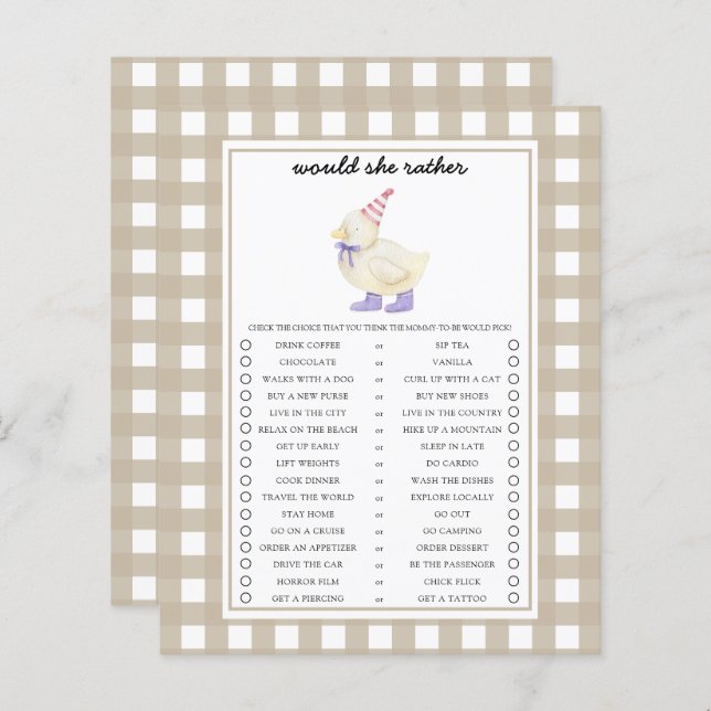 Duck Voudrait-Elle Plutôt Baby shower Jeu (Devant / Derrière)