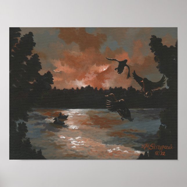 Ducks Flying In Pond At Sunset Poster (Devant)