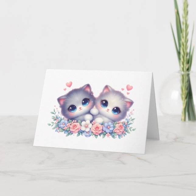 Duo de chatons doux et câlins Fleurs Carte de vœux (Devant)
