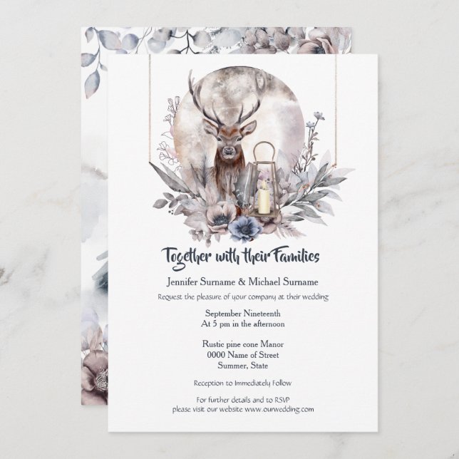 Dusky bleu rose forêt cerf nuit lune invitation (Devant / Derrière)