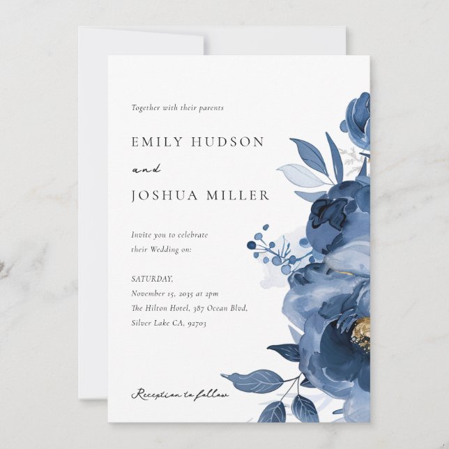 Dusky Blue Gold Floral Faire-part de mariage (Devant)